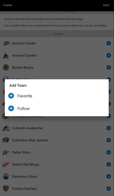 разделы приложения "NHL"